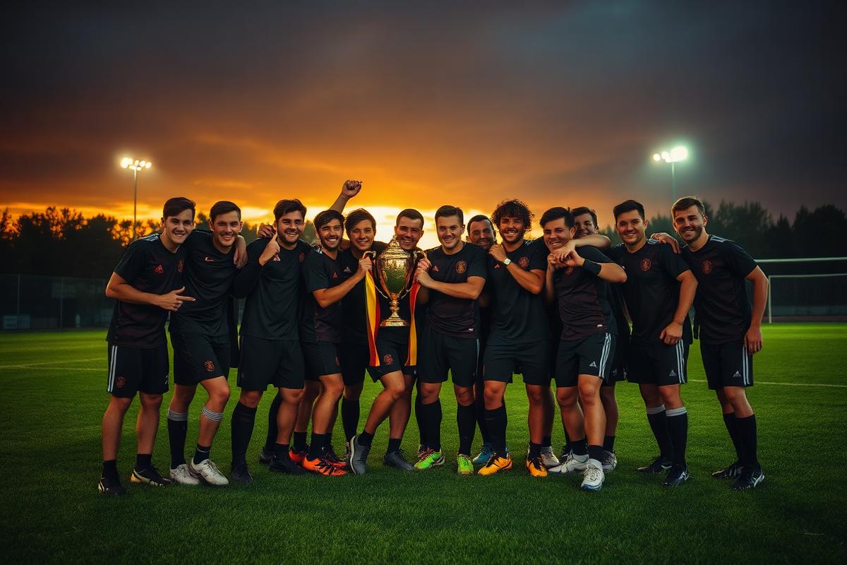 Time de amigos comemorando com o troféu
